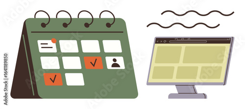 Desk calendar with marked dates and a computer monitor displaying a web interface. Ideal for productivity, planning, organization, task management, scheduling, remote work, digital collaboration