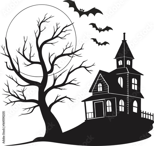 haunted house on hill with bats and moonlight