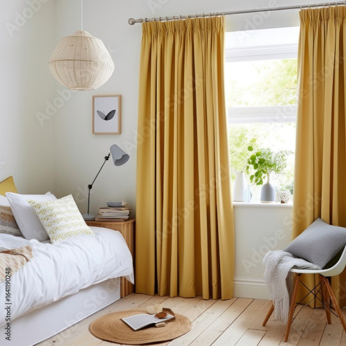 Heavy fabric curtains in modern bedroom, white walls and wooden furniture, miminal interior design