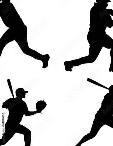 Set of four isolated black baseball player silhouettes in various action poses.