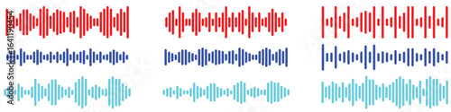 Set of sound wave icons. Music waveform design for audio player, podcast, voice recording, and equalizer visualization. Vector isolated illustration.