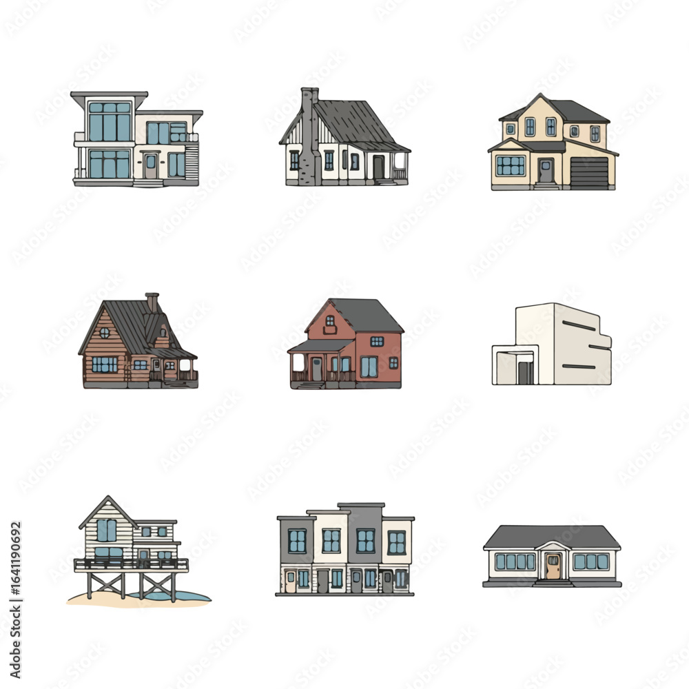 Fototapeta premium Diverse Collection of House Illustrations Showcasing Architectural Styles and Design Concepts for Real Estate, Construction, and Home Improvement Projects.