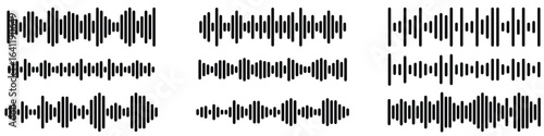 Set of sound wave icons. Music waveform design for audio player, podcast, voice recording, and equalizer visualization. Vector isolated illustration.