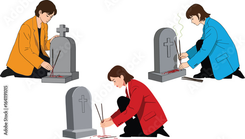 Woman in orange blue and red jackets lighting incense sticks at gray tombstones vector illustration