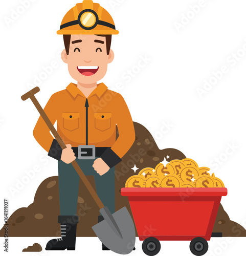 Miner standing with shovel and cart full of gold nuggets in mining environment smiling happily vector illustration