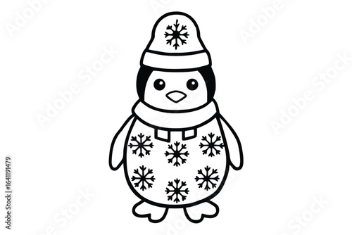 penguin wearing a winter hat with snowflakes and a matching sweater with snowflakes line art vector illsutration