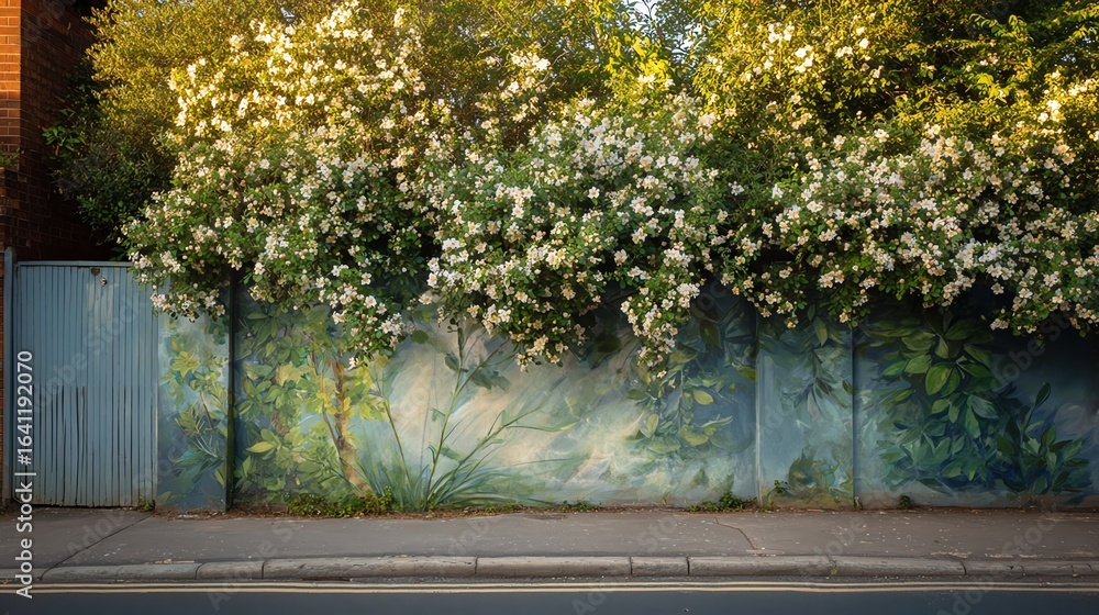 Naklejka premium A vibrant mural of lush greenery and white flowers blends seamlessly with the natural foliage above, creating a serene urban landscape.