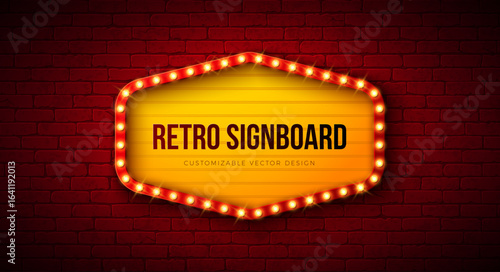 Retro Signboard Lightbox Banner Design with Glowing Light Bulb Frame Billboard on Vintage Brick Wall Background. Vector Customizable Marquee Sign Illustration for Casino Advertising, Theater Show