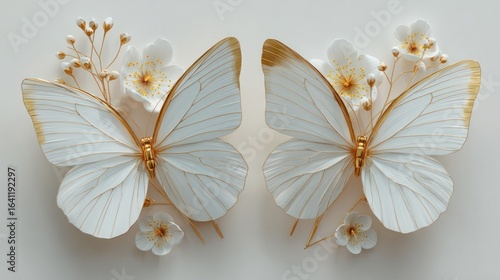 Two white butterflies with gold accents, surrounded by delicate white flowers