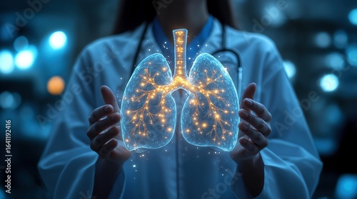 Glowing lungs hologram held by female pulmonologist image with digital overlay. Doctor with holographic respiratory system photography conceptual composite. Pulmonology concept photo