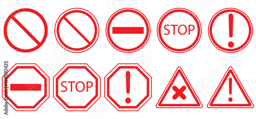 Danger and restriction sign set. Red warning and prohibition symbols for safety, alert, and caution purposes.