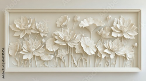 Floral relief panel sculpture of lotuses and lily pads in muted white, framed art