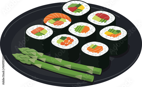 Sushi rolls with asparagus on black plate fresh Japanese cuisine vector illustration