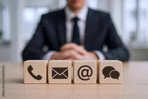 Contact Methods Displayed on Wooden Blocks in Front of a Businessman in a Suit