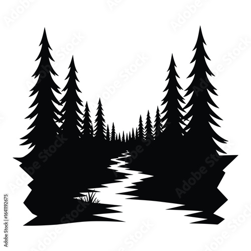 Vector art of forest path between trees isolated on white background