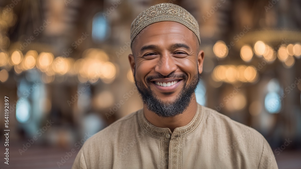 Fototapeta premium Joyful african muslim man standing inside mosque bokeh portrait image. Smiling black male kufi hat and beige clothing photography human. Ramadan islamic culture concept photo-realistic
