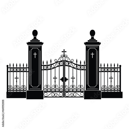 Vector art of ornate gate and fence isolated on white background