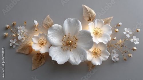 Elegant arrangement of sculpted white flowers with golden accents on a light grey background