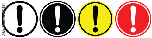 Warning and danger icon set. Caution, alarm, and alert symbols in red, yellow, and black colors. Attention and safety sign vector illustration.