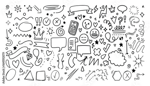 Scribble doodle underline emphasis line shape set. Hand drawn brush stroke highlight speech bubble cloud sparkle arrow element in childish drawing style. Simple vector illustrations. Editable stroke.