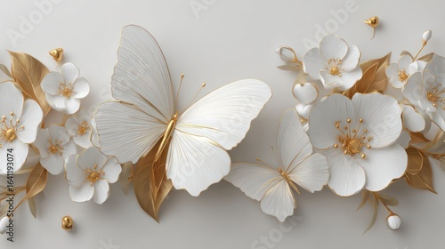 Elegant white butterflies and floral blossoms with golden accents against a light backdrop