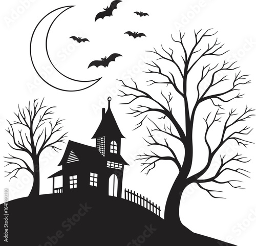 haunted house on hill with bats and moonlight