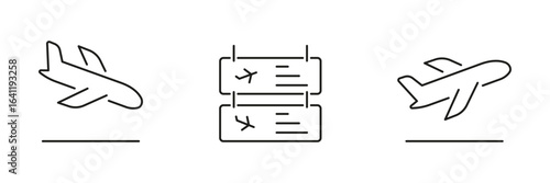 Airplane Takeoff and Landing With Flight Board Line Icon Set. Aircraft Departure, Arrival, and Airport Information Display Symbols. Editable Stroke. Isolated Vector Illustration