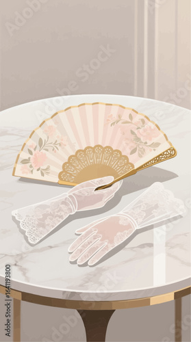 Elegant fan and lace gloves resting on marble table evoke a sense of vintage glamour and refined sophistication in a softly lit interior, creating a timeless aesthetic.