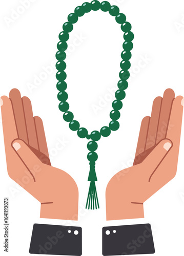 Hands holding green prayer beads rosary with tassel in worship or meditation vector design