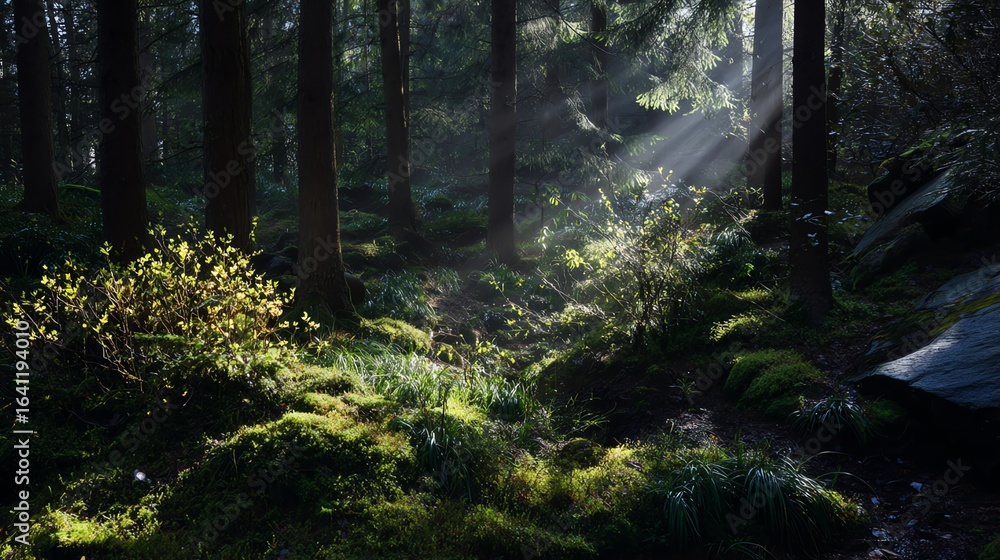 Fototapeta premium A serene forest scene illuminated by soft sunlight filtering through tall trees, highlighting lush greenery and moss-covered ground.