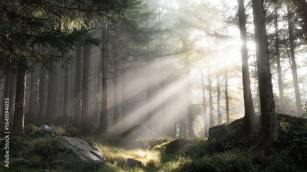 Fototapeta premium A serene forest scene with sunlight streaming through tall trees, casting ethereal rays onto the lush undergrowth.
