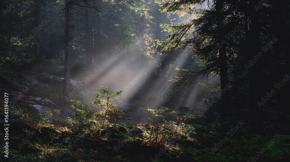 Obraz premium A serene forest scene with sunlight filtering through trees, creating a mystical atmosphere with rays of light illuminating the greenery.
