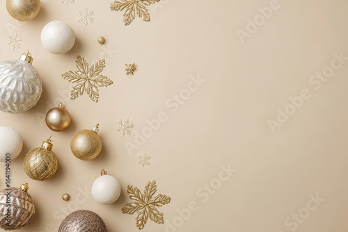 Elegant Christmas background with gold and white ornaments and snowflakes on beige
