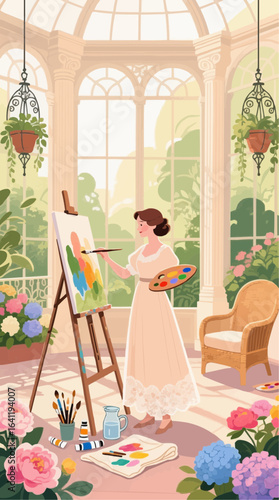 Elegant woman painting vibrant artwork in sunlit conservatory surrounded by blooming flowers, capturing the essence of creativity and tranquility.