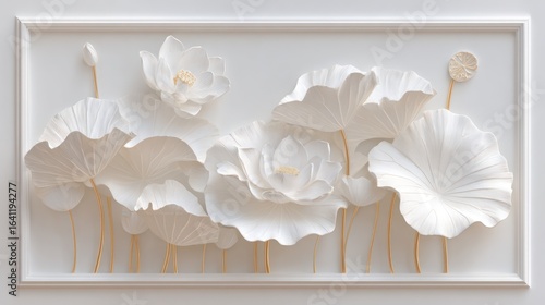 White framed relief artwork of lotus flowers and leaves with gold stems on white background