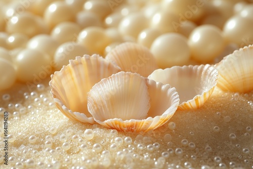 Beautiful light colored pearlescent shells and pearls lay on the yellow clean beach sand