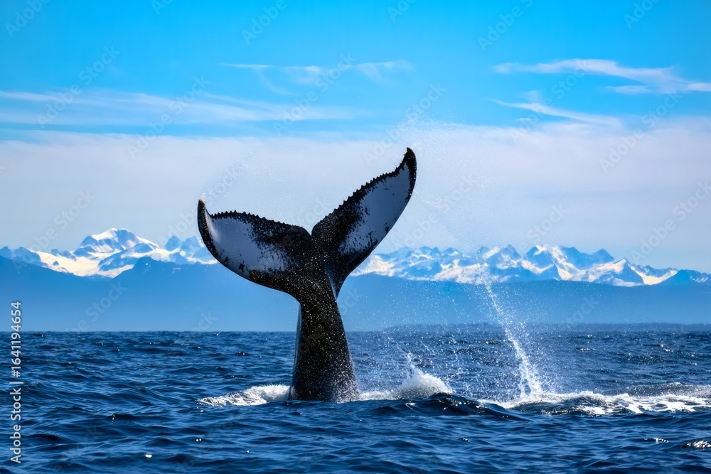 Fototapeta premium Majestic whale tail emerges from blue ocean waters with icy mountains in background