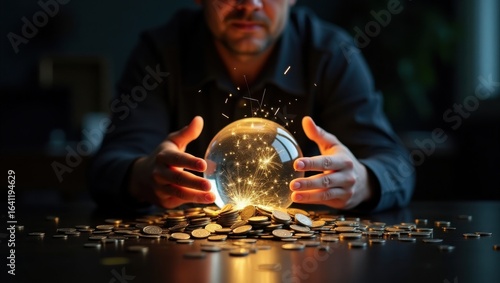 Mysterious fortune teller holding a glowing crystal ball surrounded by gold coins
