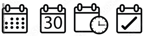 Calendar and clock icon collection. Flat vector illustration with date, event, and checkmark symbols for planning and productivity