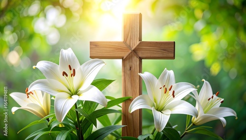 Wooden cross with white lilies in a sunlit garden