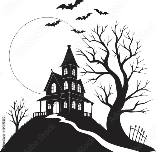 haunted house on hill with bats and moonlight