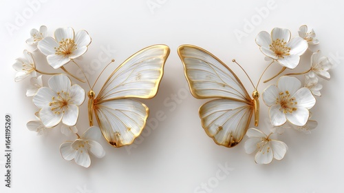 Symmetrical butterflies with white wings and gold accents, framed by white blossom branches