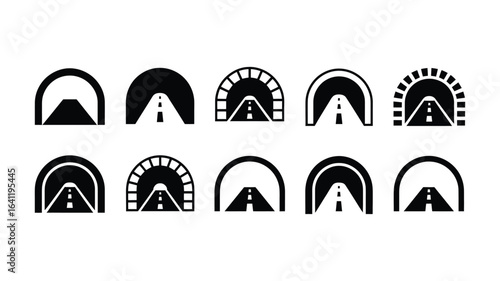 Tunnel road vector illustration transportation car highway travel traffic entrance way exit black set icon 10 silhouette
