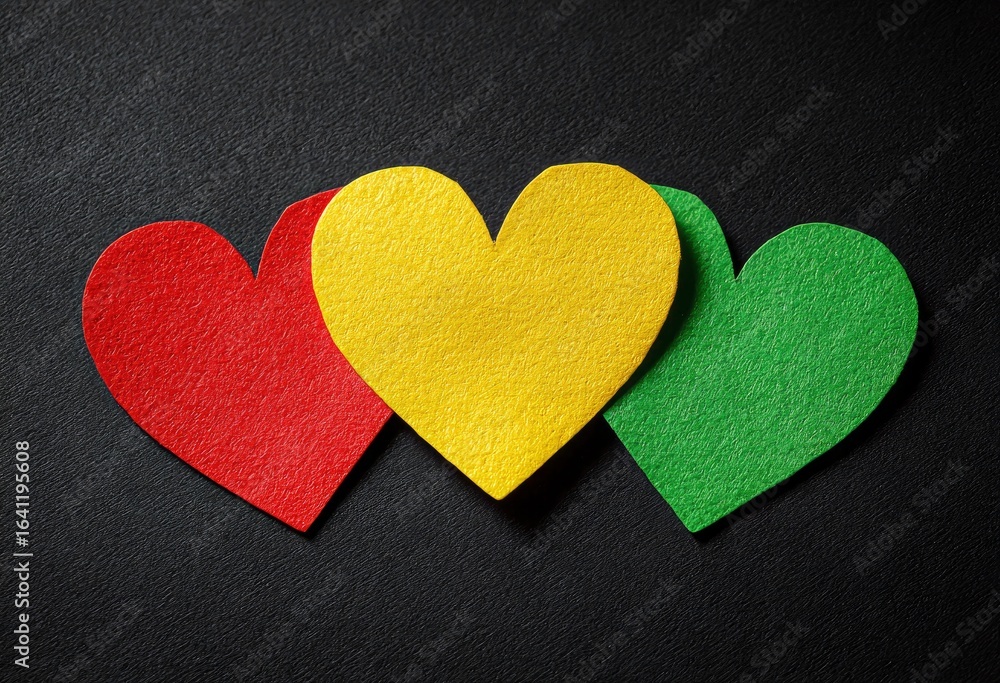 Obraz premium Three felt hearts in red yellow and green on a black surface