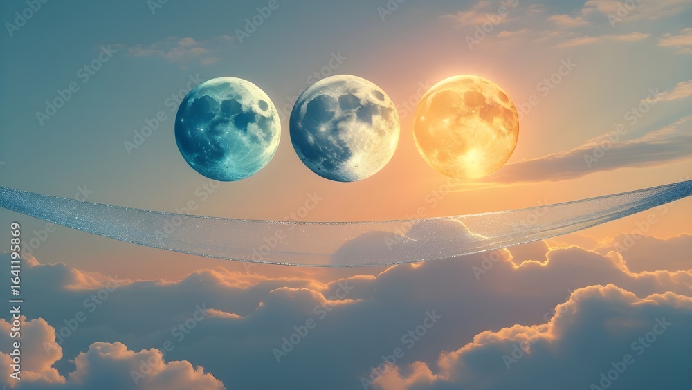 Fototapeta premium A surreal scene of three moons in different shades of blue and gold floating above a cloudy sunset horizon.
