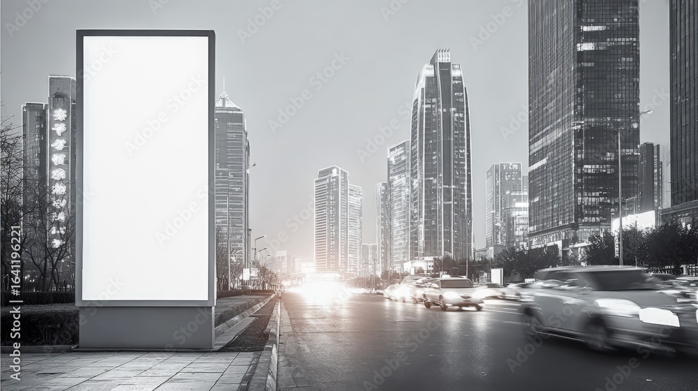 Fototapeta premium Blank Billboard Mockup in Urban Setting at Dusk, Ideal for Advertising Campaigns and Promotional Content