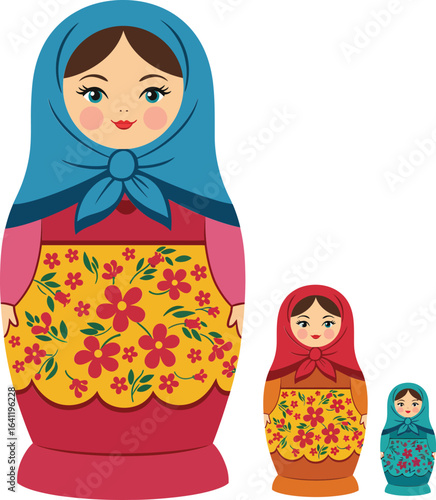 Russian nesting dolls set featuring traditional floral design and colorful headscarves in blue red and teal