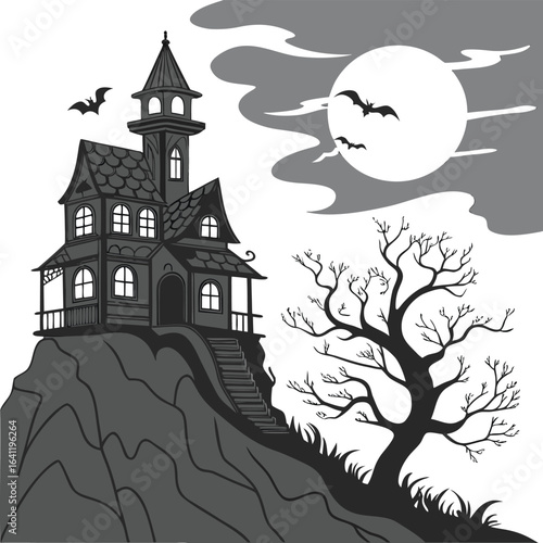 haunted house on hill with bats and moonlight