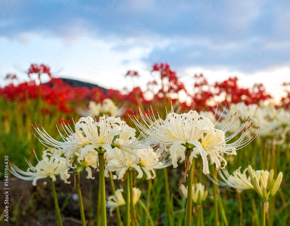 Obraz premium White spider lilies in the foreground, contrasting red lilies in the background under a cloudy sky