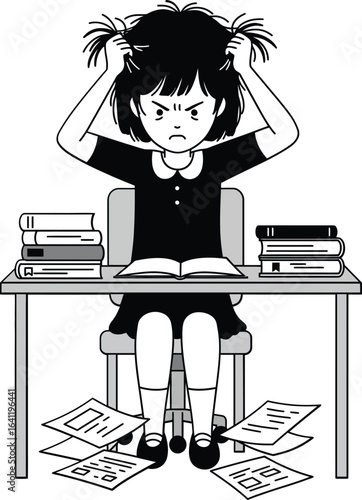 Frustrated schoolgirl sitting at desk with books and papers studying hard vector illustration